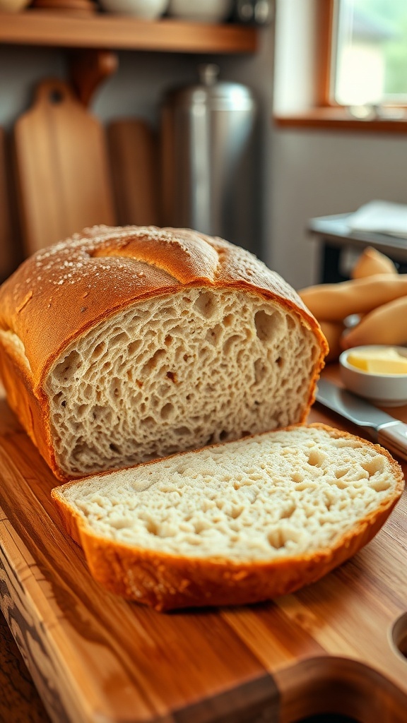 A golden-brown loaf of whole wheat bread sliced on a cutting board with butter.